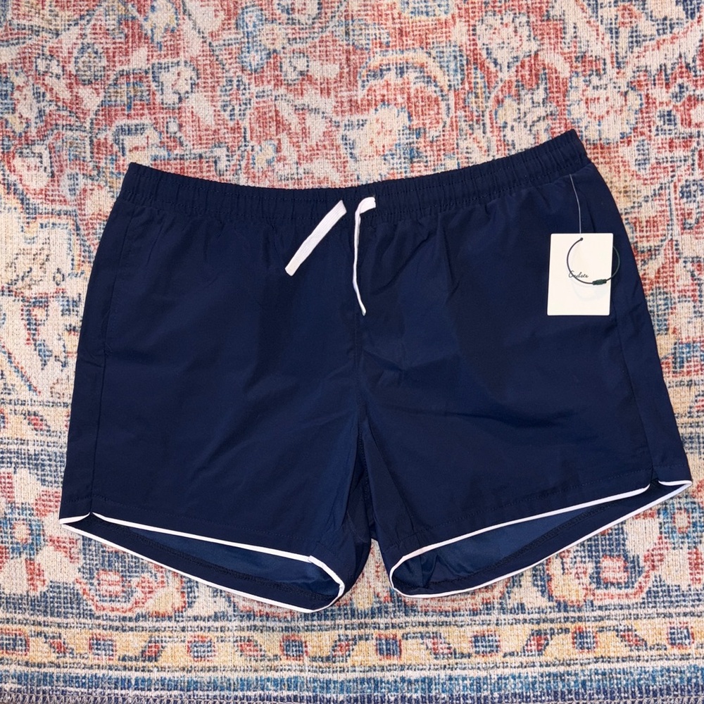 Men's Navy Swim Trunks with White Contrast Piping and Drawstring